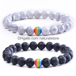 Perlé Mode Arc-en-ciel Perle Couple Bracelet Ensemble À La Main Pierre Naturelle Pierre De Lave Noire Howlite Lgbt Gay Bracelet Pour Femmes Hommes Bijoux Dhyxk