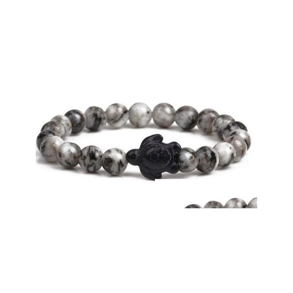 Hebras de moda con cuentas Piedra natural Volcánica Negro Turquesa Tortuga Ágata Pulsera ajustada Elástico Js345J Entrega de gota Sujetador de joyería Dhbzh