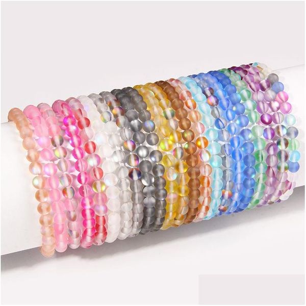 Pulseras de piedra lunar mate de alto brillo con cuentas de moda para mujer, brazalete de cuentas de cristal de arcoíris de 8Mm para hombres, joyería elástica hecha a mano Dhce0