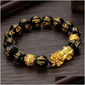 Kralen Feng Shui Obsidiaan Steen Kralen Armband Mannen Vrouwen Uni Polsbandje Goud Zwart Bixie Rijkdom En Geluk Sieraden Armbanden Dhf9H