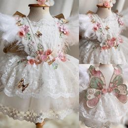 Robes de demoiselle d'honneur perlées pour mariage, plumes appliquées, robes de concours, en Tulle, longueur au genou, robe de bal, robe d'anniversaire pour enfants