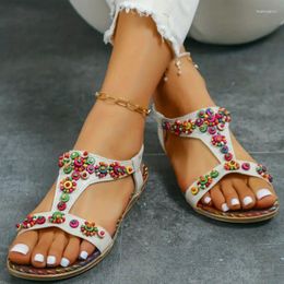 Kralen bloemen platte sandalen hakken dames zomer 2023 plus size open teen bohemian vrouw elastische band rome schoenen 5166