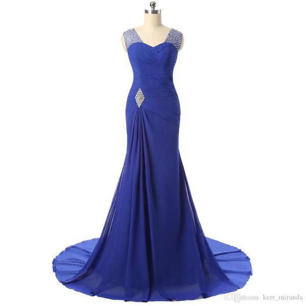 Vestidos de noche formales con cuentas Chiffon Blue Slim Bride Long European y American Foreign Trady Party Vestidos