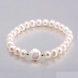 Bracelet de brin de perles de riz d'eau douce perlée avec perle de pièce de monnaie Bracelets extensibles de couleur naturelle pour femmes bijoux amour souhait GIF Dhqtj