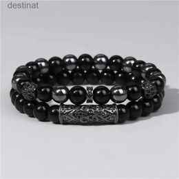 GolbalJew 2 pièces Bracelet de perles hommes naturel oeil de tigre hématite obsidienne Bracelets de perles Homme énergie Bracelet extensible hommes bijoux L24213