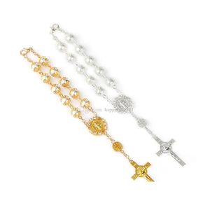 Perle d'or Sier dentelle verre imitation perle chapelet catholique bracelet perles de prière Jésus croix bracelets de perles déclaration bijoux Dro Dhkwj