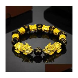 Boaded Goed Luck Wealth Strands Pulseras Joyas Black Obsidian Beads Pixiu Pulsera Seis palabras Feng Shui Prosperity Pi Xiu para hombres D DHD0V