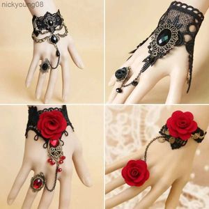 Pulsera de encaje de rosa roja gótica con cuentas para mujer Pulsera de encaje negro punk Joyería de Halloween para niñas Regalo del día de Todos los Santos Accesorios de manoL231114