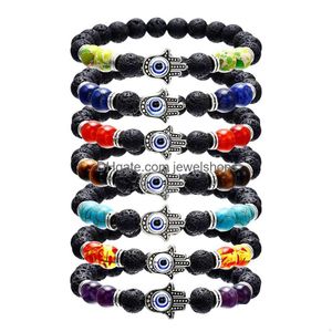 Con cuentas Hamsa Mano de Fatim Charm Lava Rock Beads Pulseras para mujeres Hombres Mal de ojo azul Difusor de aceite esencial 7 Chakra Piedra DIY Joya DHFZL