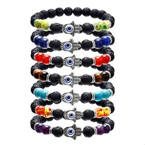 Perles Hamsa Main De Fatim Charme Perles De Pierre De Lave Bracelets Pour Femmes Hommes Mauvais Oeil Bleu Diffuseur D'huile Essentielle 7 Chakra Pierre DIY Bijou Dhd13