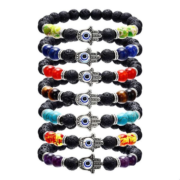 Perles Hamsa Main De Fatim Charme Perles De Pierre De Lave Bracelets Pour Femmes Hommes Mauvais Oeil Bleu Diffuseur D'huile Essentielle 7 Chakra Pierre DIY Bijou Dhd13