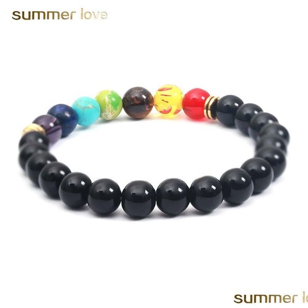 Bracelet perlé fait à la main 8 mm noir mat blanc perlé pour femme élastique 7 chakras pierre naturelle guérison Nce Yoga mode juif Dhgarden Dhs5D