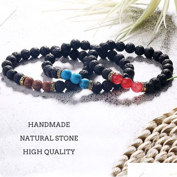 Pulsera de cuentas de piedra natural hecha a mano de 8 mm para mujeres Hombres Curación Lava Volcánica Turquesa Elástica Joyería de moda Regalo Dhgarden Dhudp