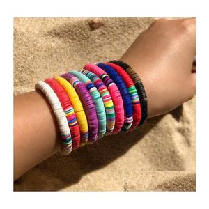 Pulsera de hebras de arco iris hecha a mano con cuentas Colorf Pulseras de disco de arcilla polimérica Boho Surf Apilable Stretch Charm Jewelry para mujer Drop Dho8X