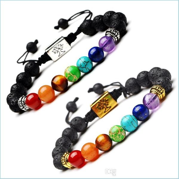 Pulsera tibetana hecha a mano con cuentas Árbol de la vida Colgante 7 Cuentas de chakra Reiki Buda Oración Piedra natural Pulseras de yoga Energía de lava Dr Dhqvj