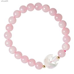 Bracelet de perles rondes en pierre de cristal de guérison perlée, coquille blanche naturelle, étoile, lune, breloque, bijoux de poignet extensibles faits à la main pour femmes YQ240226