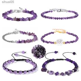 Bracelet d'améthystes naturelles de guérison perlée Bracelets de perles de cristal violet réglable Bracelet d'énergie élégant pour les femmes bijoux cadeau YQ240226