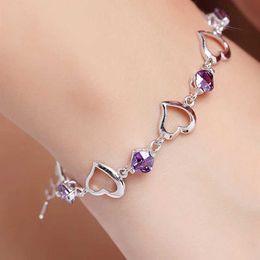 Kralen hoge kwaliteit 925 sterling zilveren armband hart paarse kristal zirkoon armband voor vrouw feest verloving sieraden cadeau 240423