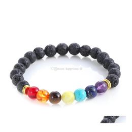 Bracelets de chakra perlés de haute qualité pour femmes 8 mm de roche de lave noire perles de pierre turquoise charmes bracelet de bouddha pour hommes artisanat de mode J Dh9Jx