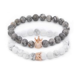 Bracelets perlés pour elle et lui 8 mm gris carte pierre Howlite perles couronne roi bracelet à breloques pour les amoureux distance bijoux livraison directe 20 Dh7Wl