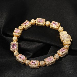 Bracelets en or et diamant rose glacé perlé pour hommes et femmes, brins Hip Hop, bijoux 7 pouces 8 pouces