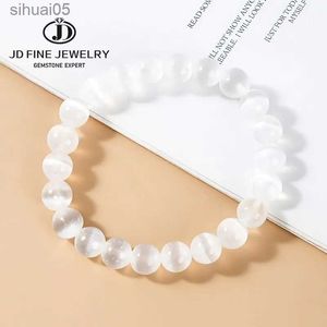 Perlé JD pierre naturelle gypse perlé Bracelet femmes hommes blanc sélénite clair oeil de chat rond perle brin Bracelet femme été bijoux YQ240226