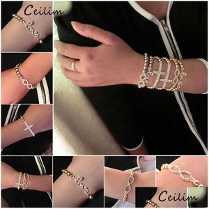 Kralen Sieraden Goud Sier 6Mm Kralen Kruis Armbanden Voor Vrouwen Leuke Fl Crystal Infinity Charms Verstelbare Barcelet Groothandelaar Drop Deli Dhgfa