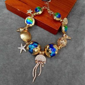 Kralen kkgem 16 mm-19mm blauw Murano Glass Gold Golde CZ Pave Jelly Fish Charmel Bracelet Women Sieraden 240423