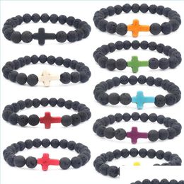 Beaded Lava Stone Beaded Strand Bracelets Natural Black Essential Oil Diffuser Elastic Cross Bracelet Vulkanische Rock Hand Strings Jood Dhfse