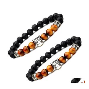 Perlé Léopard Tête Oeil De Tigre 8Mm Perles De Pierre De Lave Noire Bracelet Diy Aromathérapie Huile Essentielle Par Diffuseur Yoga Bijoux Drop Deli Dh68B