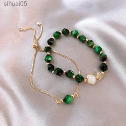 Luxe groene edelsteenarmband met kralen, vrouwelijke ins, eenvoudige persoonlijkheidsarmband, 2-delige set, bijpassende armband, verstelbare armband YQ240226