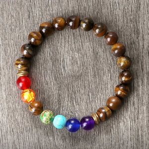 Bracelet perle perle Lingqi 7 Chakra Bracelet à la mode et charmant Natural Stone Tiger Eye Lava Chain Balance Traitement Yoga Meditation
