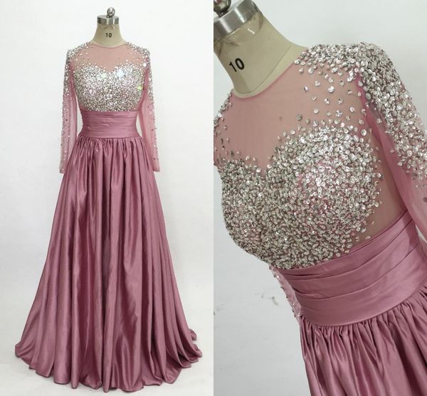 Vestidos de noche de graduación de manga larga con cuentas 2020 Sexy transparente Top plisado satinado fruncido Línea A plata rosa vestido Formal desfile regreso a casa