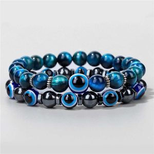 Kralen Lucky Evil Eye Bead Bracelet Natural Stone Lava Hematiet Set Multi -gelaagde dames handgemaakte elastische sieraden