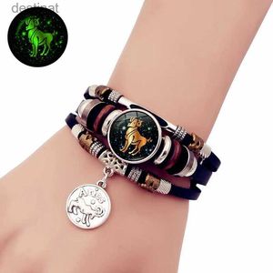 Kralen Lichtgevende 12 Constellation Vintage Armband voor Mannen Vrouwen Gevlochten Punk Lederen Armbanden Verjaardagscadeau Glow In The Dark BraceletL24213