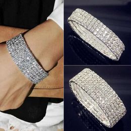 Luxury perlé Full blanc AAA CZ Zircon Crystal Elastic Bring Bling Iced Out Rhinestone Womens Bracelet For Women Wedding Jewelry 240423