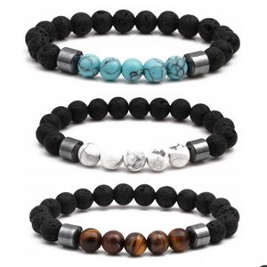 Kralen mannen rock lava kralen armband vrouwen streng genezing energie verstelbare zwarte agaat steen 8 mm drievoudige bescherming bangle j dhgarden dhkxp