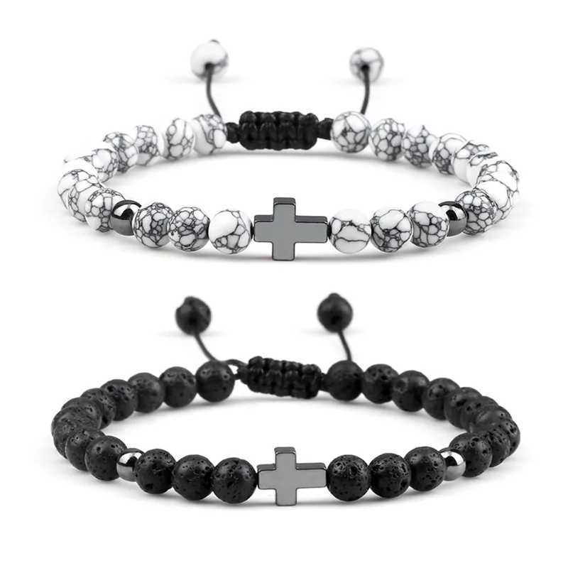 Beaded Mens Bead Bracelet 6mm Natural Molten Rock Fashion Alloy Cross Adjustable Woven Rope Jewelry