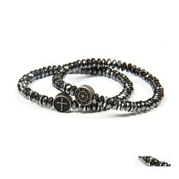 Bijoux pour hommes perlés en gros 10 pièces/lot de perles de pierre d'hématite plates à facettes avec croix en acier titane et bracelet d'ancre goutte livrer Dhin7