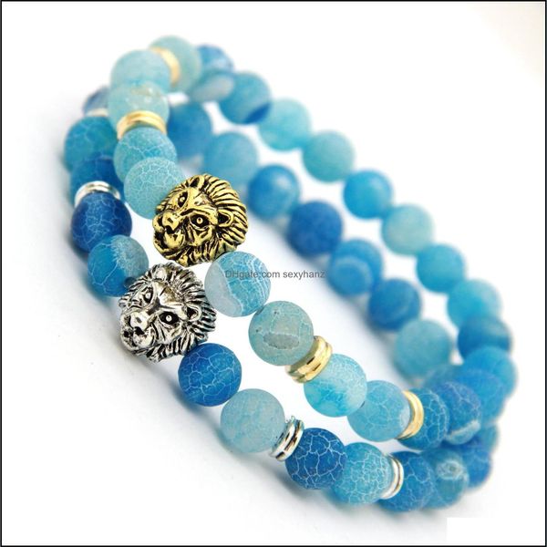 Perles Hommes Bijoux En Gros 8Mm Bleu Ciel Intempéries Agate Pierre Antique Sier Véritable Plaqué Or Tête De Lion Bracelets Drop Delivery Dhycv