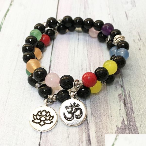 Perlé Mg0563 Nouveau Design 7 Chakra Mala Yoga Bracelet A Grade Onyx Noir Femmes Spirituelle Lotus Ohm Charme Goutte D'énergie Livrer Dhgarden Dh7Ab