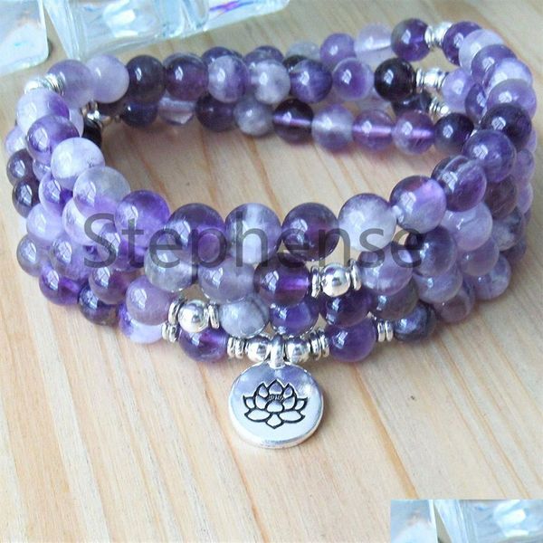 Perlé Mg0674 A Grade Dream Améthyste Femmes 108 Bracelet Mala 4 Wrap Violet Cristal Perles D'énergie Pierre Naturelle Lotus Drop Livraison Dhf4V