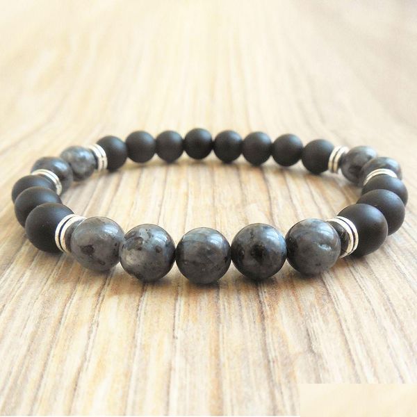 Con cuentas Mg0783 Hombres Gris Larvikite Pulsera Natural Mate Negro Onyx Gema Piedra Energía Meditación Muñeca Mala Drop Entrega Jewe Dhgarden Dhsoj