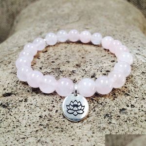 Kralen Mg0847 Mode Yoga Armband Voor Vrouwen Natuurlijke Rozenkwarts Lotus Charm Crystal Mala Sieraden Drop Delivery Armbanden Dhgarden Dhwoy