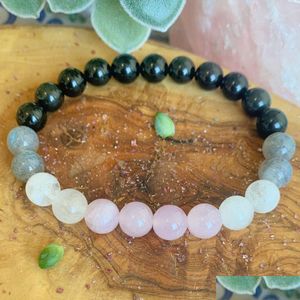 Perlé Mg1241 Naturel Aaa Grade Moonstone Bracelet Femmes Tourmaline Noire Rose Quartz Énergie Racine Chakra Yoga Mala Drop Del Dhgarden Dhq3G