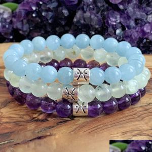 Beaded Mg1317 Strand Nieuw Design Vissen Zodiac Stack Armband Set Womens Natural Aa Prehniet Mala Amethist Aquamarijn Polssieraden Dr Dhjlq