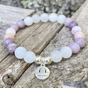 Con cuentas Mg1379 Libra Zodiac Charm Pulsera Mujer Luz natural Lepidolita Yoga Mala A Grado Piedra lunar Energía Gota Entrega Je Dhgarden Dhzed