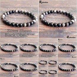 Perlé Mg1600 Strand 8 mm véritable Sier Sheen noir obsidienne poignet Mala bracelet haute qualité hommes protection contre l'énergie négative Drop Del Dh3Tl