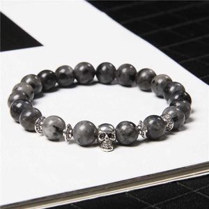 Bracelet de perle en pierre de Labrador noir perlé Natural 8 mm Charme de tête rétro rond pour hommes bijoux chanceux