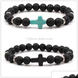 Perlé Naturel Noir Pierre De Lave Croix Élastique Strand Bracelet Aromathérapie Huile Essentielle Diffuseur Bracelet Fo Hommes Bijoux Drop Dhgarden Dh6Rz